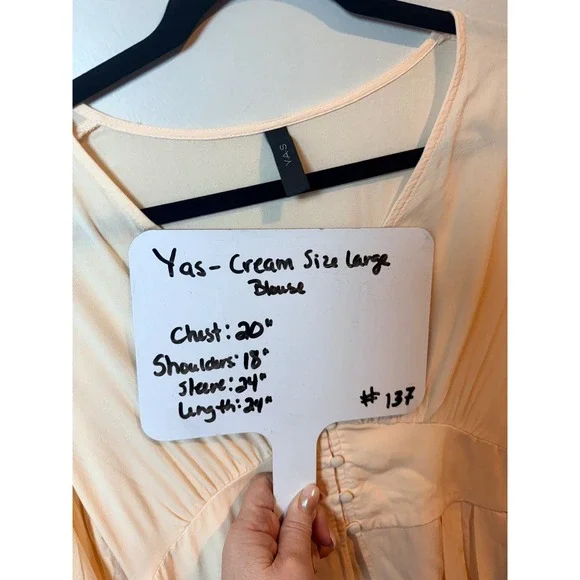 YAS Cream V Neck Button‎ Cottage Peplum Blouse Long Sleeve Women's Size Large - Picture 8 of 8